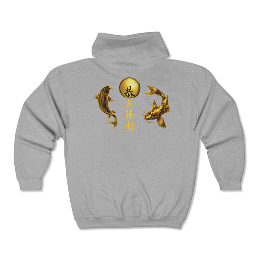 Unisex Golden Koi Yin-Yang Zip Hoodie Japanese Red Koi Fish Kanji Design
