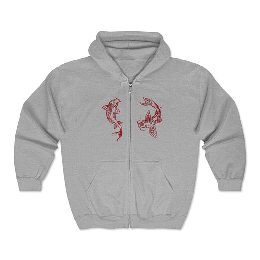 Koi Yin-Yang Zip Hoodie Japanese Red Koi Fish Kanji Design