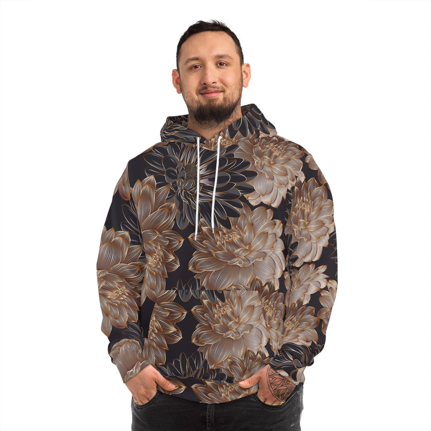 Floral Satin Chrysanthemum Hoodie    All-Over-Print Fashion Pullover