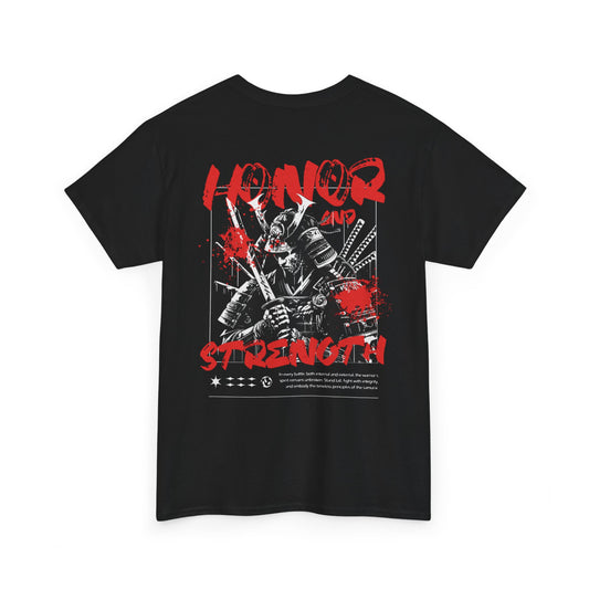 Honor and Strength Samurai T‑Shirt    Red Kanji Graphic Tee