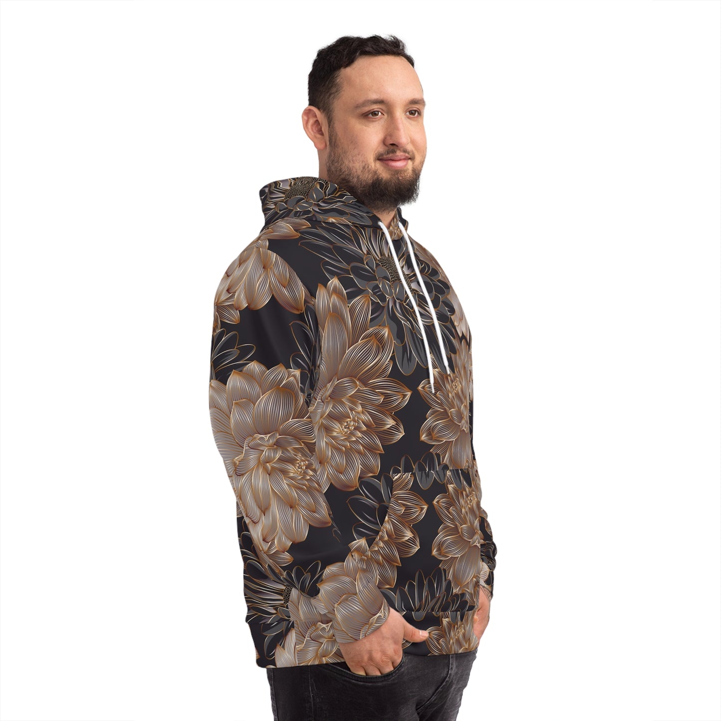 Floral Satin Chrysanthemum Hoodie    All-Over-Print Fashion Pullover