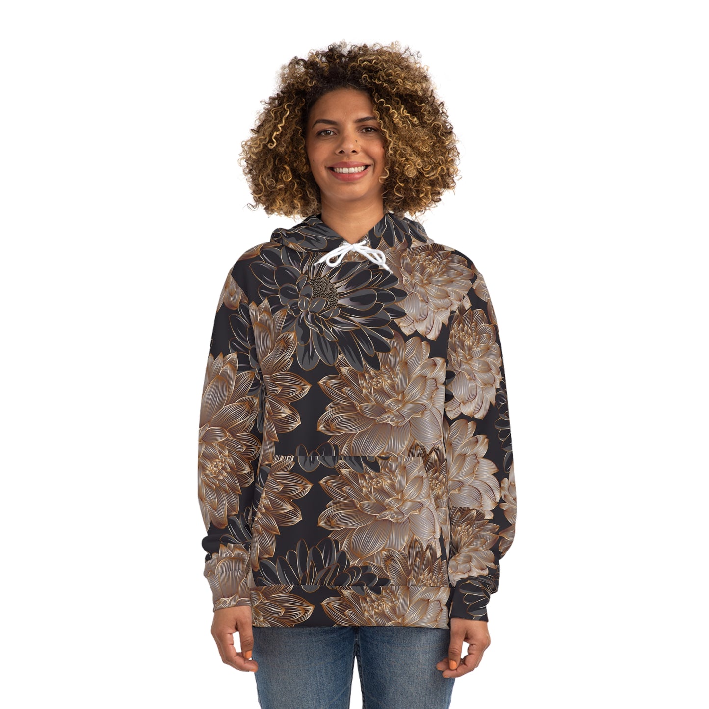 Floral Satin Chrysanthemum Hoodie    All-Over-Print Fashion Pullover