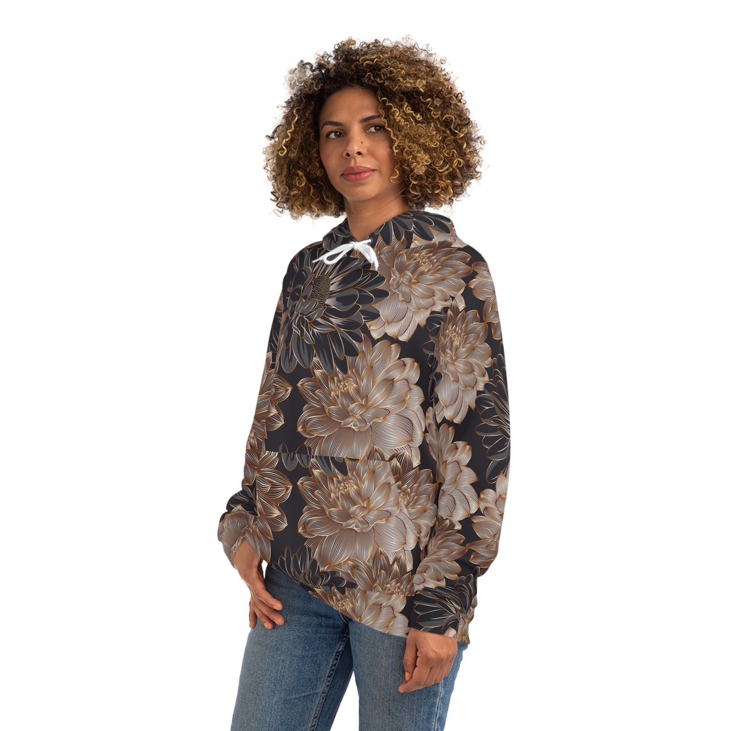 Floral Satin Chrysanthemum Hoodie    All-Over-Print Fashion Pullover